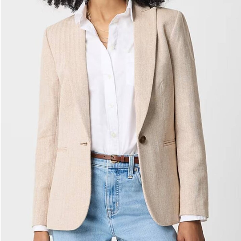 J Crew Herringbone One Button Blazer Cotton Linen Classic Beige Coat Jacket